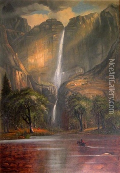 Yosemite Falls With Indian Encampment Oil Painting - Florence Nightingale Robinson