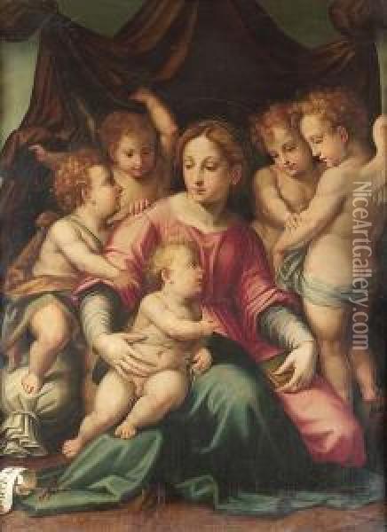 The Madonna And Child With The Infant Saint John The Baptist Surrounded By Putti Oil Painting - Michele di Ridolfo del Ghirlandaio (see Tosini)