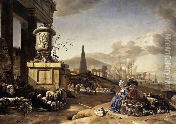 An Italian Seaport c. 1666 Oil Painting - Jan Weenix