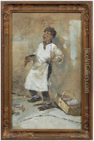 Snuff Vendor Calling And Holding A Tin Of Snuff Oil Painting - Wilbur Crane