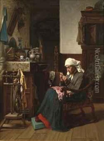 Old Lady Sewing Oil Painting - Josse Impens