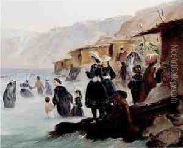 Los Banos De Miraflores, Banistas Y Cabanas En La Playa De Chorillos, Lima Oil Painting - Johann Moritz Rugendas