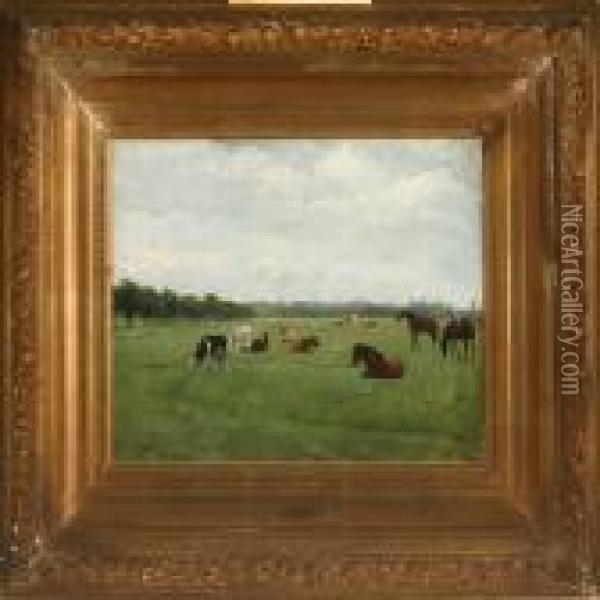 Grazing Cows And Horsesnear Copenhagen Oil Painting - Otto Bache
