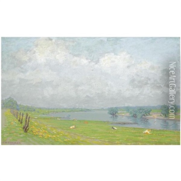 A View Of The River Ijssel Oil Painting - Co (Jacobus Ahazuerus) Breman
