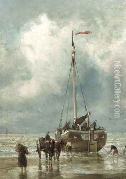 Fishermen unloading a bomschuit Oil Painting - Cornelis Christiaan Dommersen