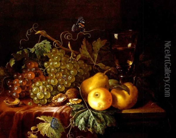 Stilleben Mit Weintrauben, Pfirsichen, Apfel Und Nussen Sowie Zwei Schmetterlingen Oil Painting - Willem Ernst Wunder
