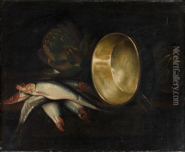 Nature Morte Aux Harengs, Artichauts Et Bassine De Cuivre Oil Painting - Lodovico Soardi
