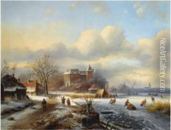 A Winter Landscape With Skaters On The Ice, A Town In Thedistance Oil Painting - Johannes Petrus van Velzen