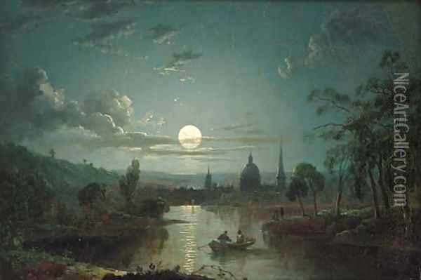 A moonlit river landscape with figures in a boat, a city beyond Oil Painting - Sebastian Pether