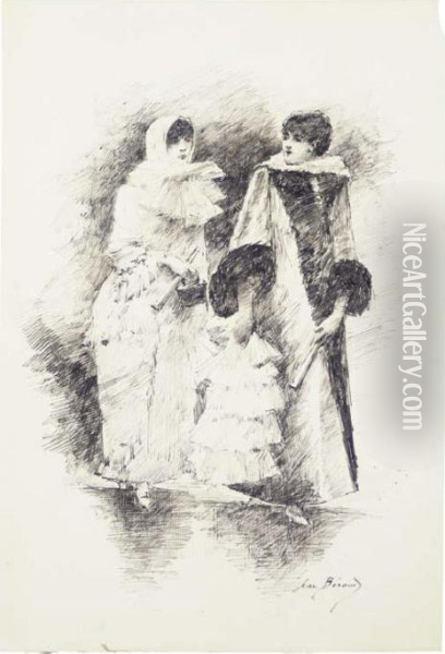 La Sortie De L'opera: Deux Femmes En Manteau Tenant Des Eventails Oil Painting - Jean-Georges Beraud