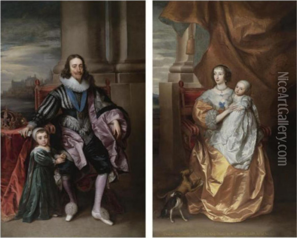 Portrait Of King Charles I, With
 Charles, Prince Of Wales; Portrait Of Queen Henrietta Maria With Mary, 
Princess Royal, And Her Greyhounds Oil Painting - Sir Anthony Van Dyck