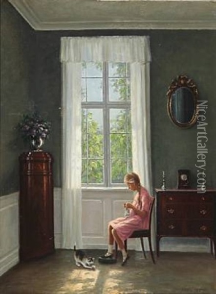 Interior With A Young Girl And A Playful Cat At A Window Oil Painting - Hans Hilsoe