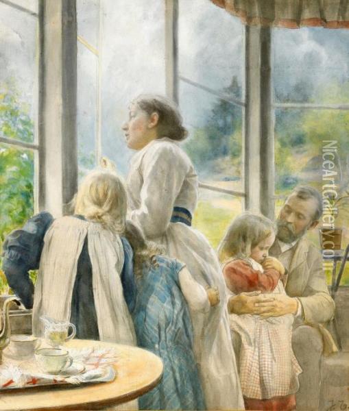Familjeidyll Pa Punschverandan Oil Painting - Johan Tiren