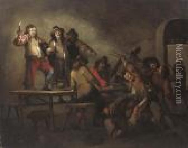 Soldiers Brawling In A Guardroom Oil Painting - Sebastian Bourdon