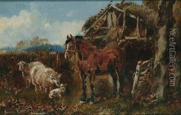 A Chesnut Horse And Sheep Before A Stable Oil Painting - Harden Sidney Melville