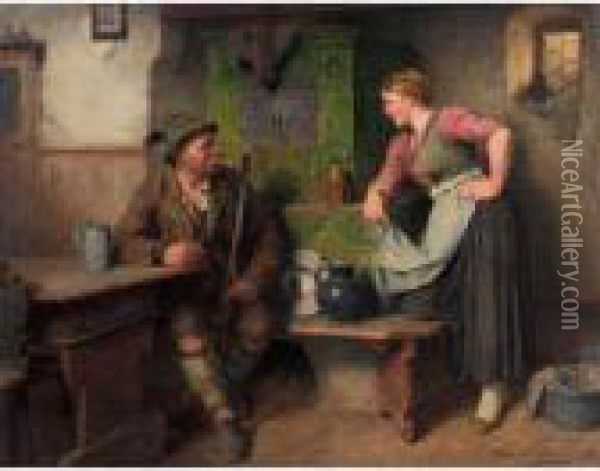 Bursch Und Madel Am Ofen (gossiping By The Stove) Oil Painting - Hugo Kauffmann