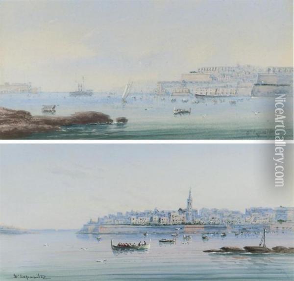 Fishing Boats Off The Coast, Valetta; And Valetta From Thecoast Oil Painting - Vincenzo D Esposito