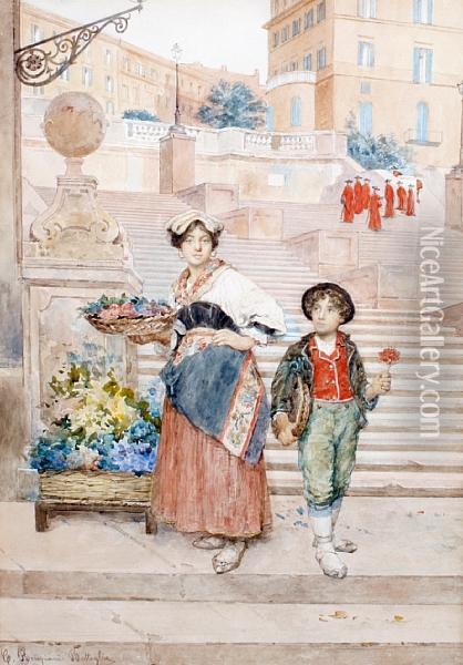 Flower Sellers By The Spanish Steps, Rome Oil Painting - Clelia Bompiani Battaglia