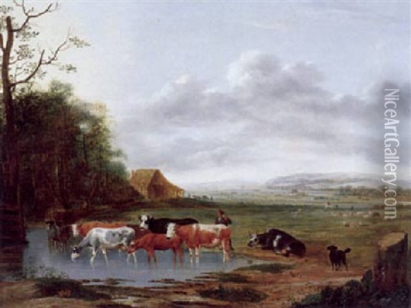 Weite Hollandische Landschaft Mit Hirt Und Herde An Einer Viehtranke Oil Painting - Anthonie Van Borssom