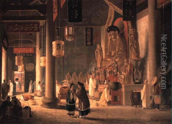 Interior View Of Chinese Temple With Figures Oil Painting - William Prinsep