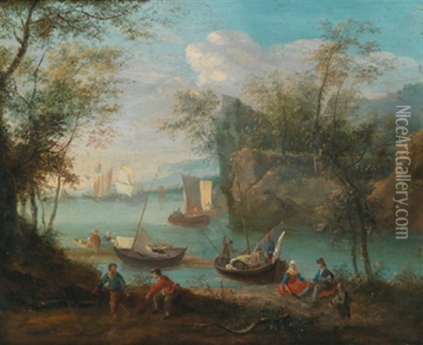 Gebirgige Flusslandschaft Mit Booten Und Figuren Oil Painting - Robert Griffier
