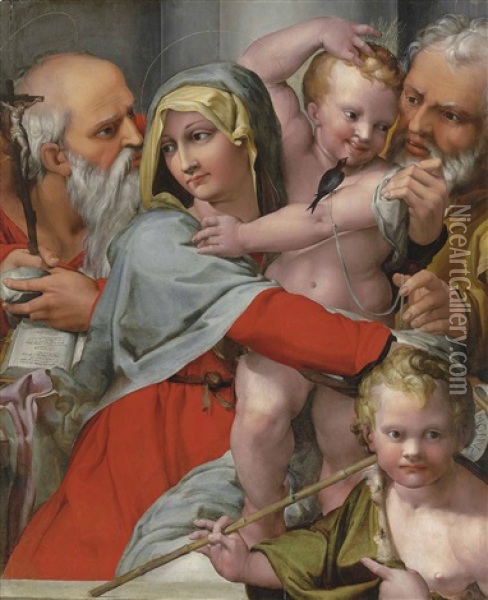 The Holy Family With Saints John The Baptist And Jerome Oil Painting - Giovanni Francesco (il Nosadella) Bezzi