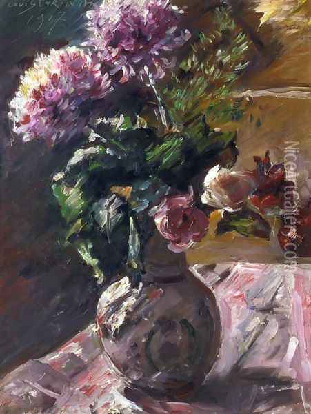 Chrysanthemums and Roses in a Jug Oil Painting - Lovis (Franz Heinrich Louis) Corinth