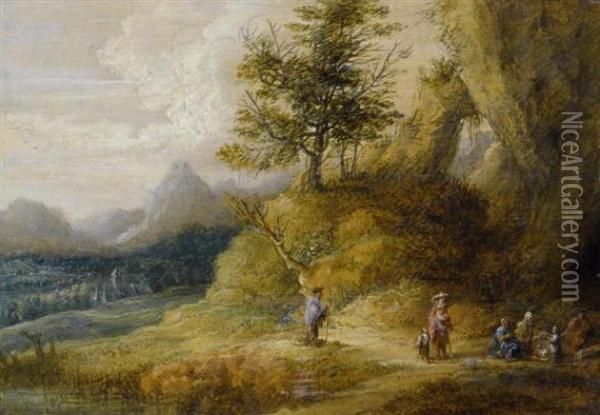 Broad Landscape With Travellers Near A Fire. Oil Painting - Lucas Van Uden