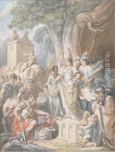 Thomyris Faisant Plonger La Tete De Cyrus Dans Un Vase Rempli Desang Oil Painting - Clement Pierre Marillier