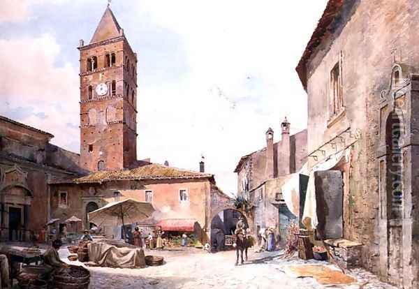 View of the Piazza dellOlmo, Tivoli Oil Painting - Ettore Roesler Franz