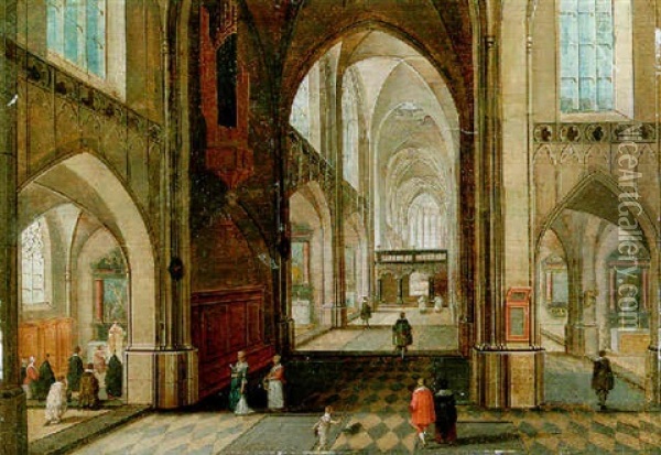 The Interior Of A Cathedral Looking East With Elegant Company, A Mass Being Performed In A Side Chapel Oil Painting - Peeter Neeffs the Elder