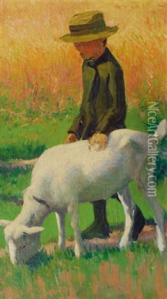 Boy With A Goat (preliminary Study For Three Children With A Goat) Oil Painting - Franz Noelken