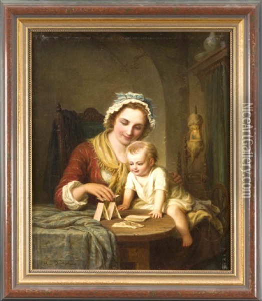 Junge Mutter Baut Zur Unterhaltung Ihres Kindes Ein Kartenhaus Oil Painting - Johann Hermann Kretzschmer