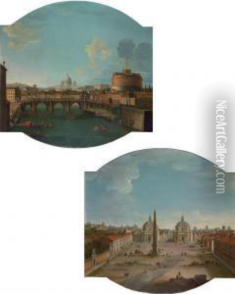 View Of Piazza Del Popolo, Rome;
 And View Of The Ponte Sant'angeloand Castel Sant'angelo, With Saint 
Peter's Basilica Beyond,rome Oil Painting - Antonio Joli