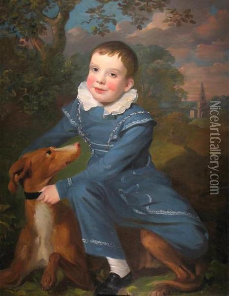 Portrait Of A Boy With His Dog In A Landscape Oil Painting - John Opie