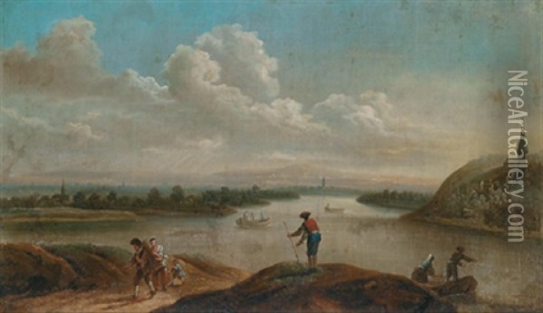 Weite Flusslandschaft Mit Booten Und Figuren Oil Painting - Christian Georg Schuetz the Younger
