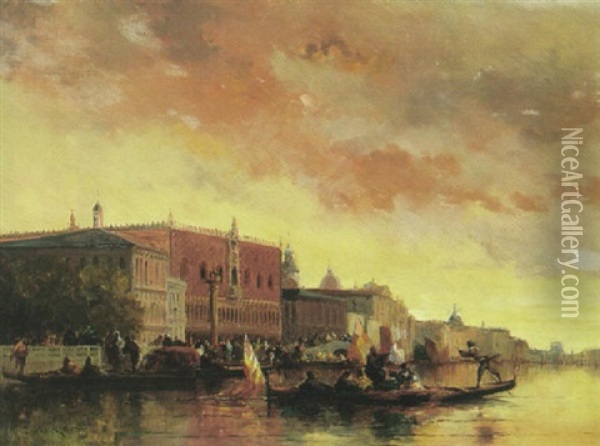 A View Of The Venetian Lagoon With Figures In Masquerade On Gondolas In The Foreground Oil Painting - Auguste Maillet Rigon