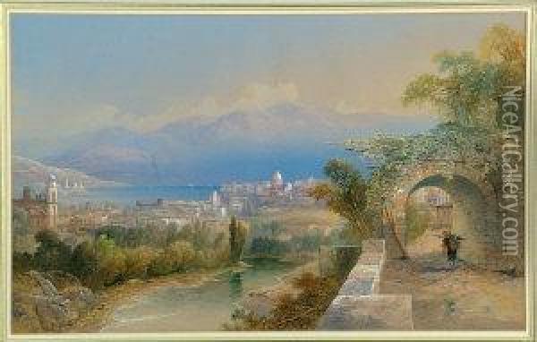 An Italian Lakeside Town Oil Painting - Edward M. Richardson