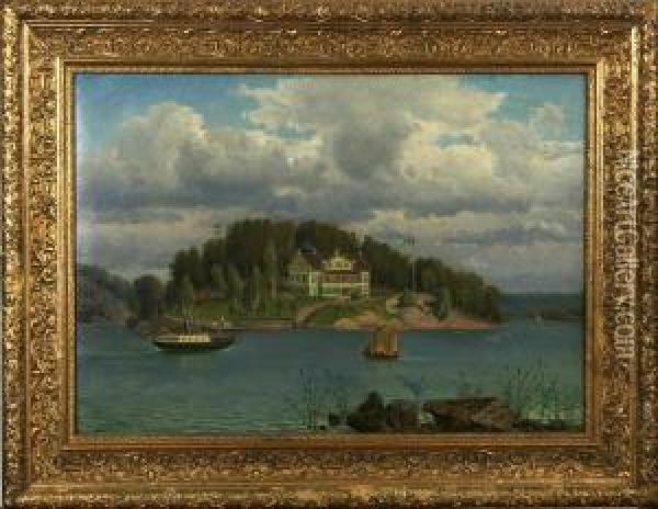 Skargardso Med Batar, Signerad Och Daterad C.a. Fahlgren 1871 Oil Painting - Carl August Fahlgren