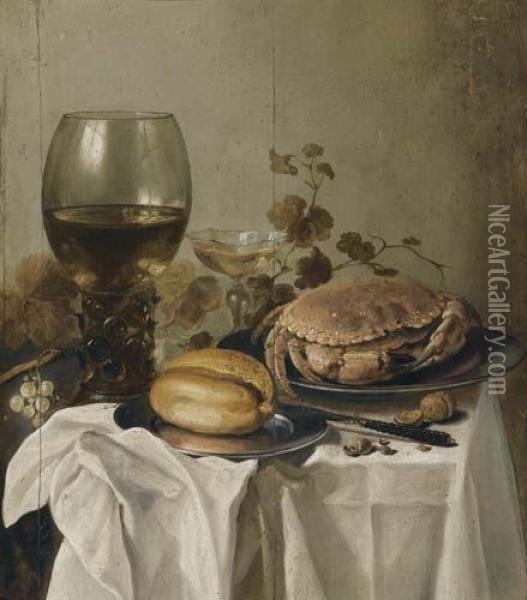 Still Life With Glass, Crab, Bread Roll, Plate And Knife On White Table Cloth. Oil Painting - Pieter Claesz.