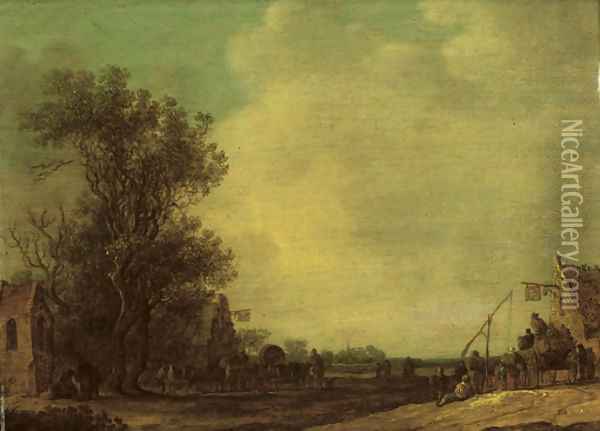 A wooded landscape with travellers outside an inn Oil Painting - Jan van Goyen