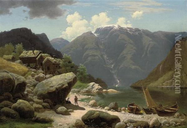 A Conversation By A Norwegian Fjord Oil Painting - Georg-Eduard Otto Saal