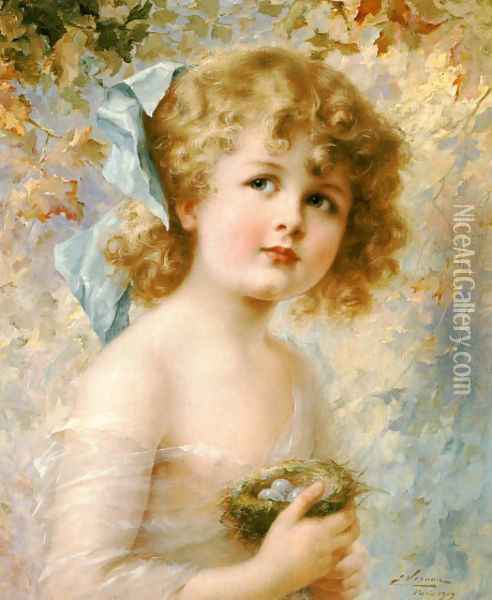 Girl Holding a Nest Oil Painting - Emile Vernon