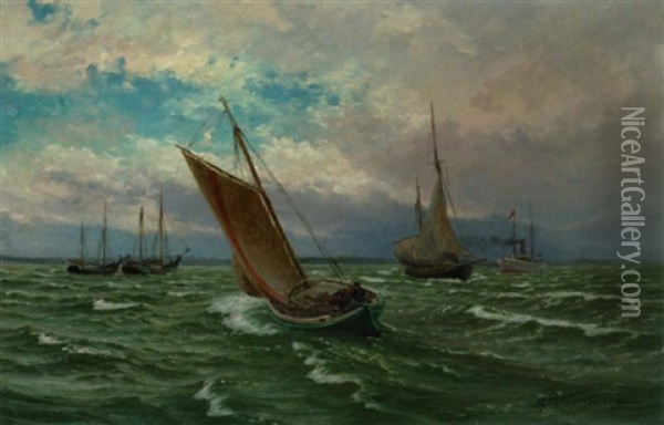 Fiskerbade Pa Havet Oil Painting - Andreas Christian Riis Carstensen