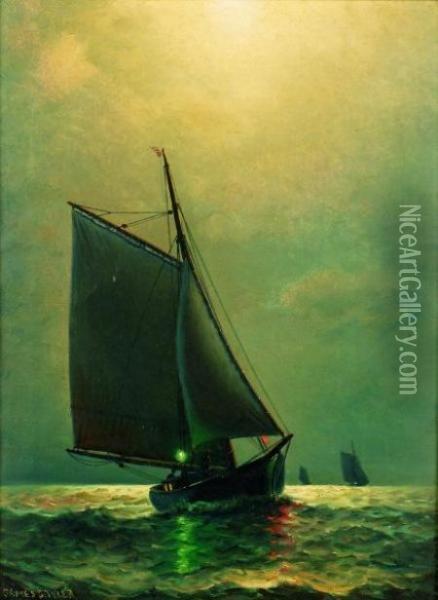 Schooner Sailing By Moonlight Oil Painting - James Gale Tyler