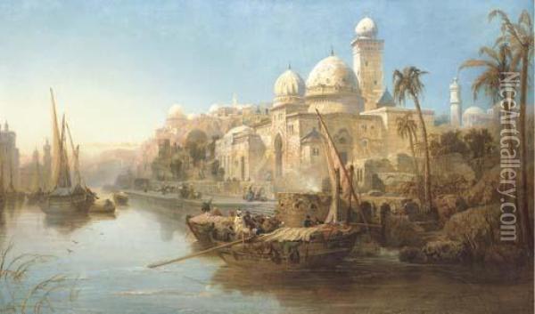 Vessels Moored At The Steps Of A Moorish Palace Oil Painting - James Webb