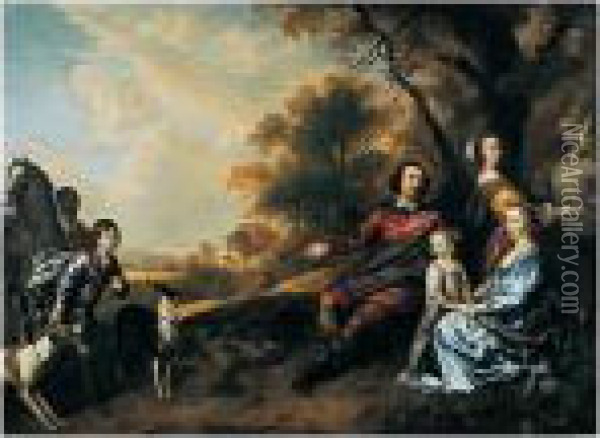 A Family Group Portrait: A Lady 
And Gentleman Seated In A Landscape Beside Their Two Daughters, Their 
Son With Two Dogs And A Horse Held By A Negro Groom To The Left Oil Painting - Jan Mytens