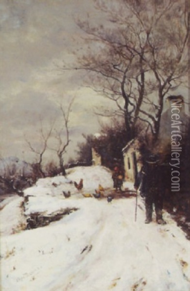 Feeding Chickens - Winter Village Scene Oil Painting - James Hey Davies