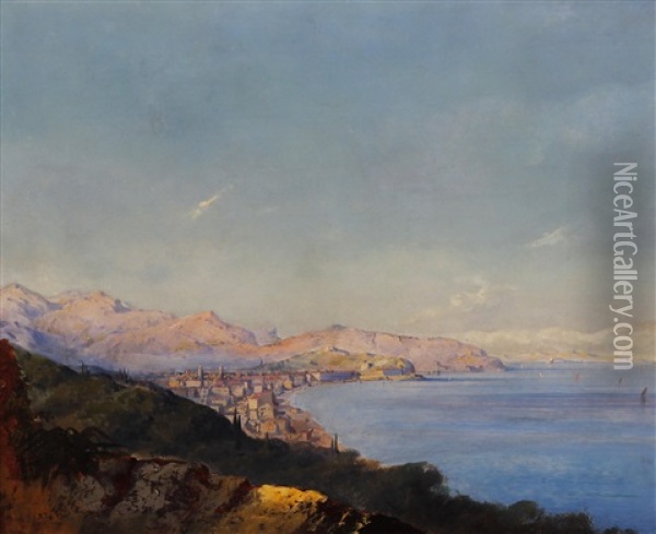 Panoramic View Of Nice And The Mediterranean Oil Painting - Arthur Joseph Meadows