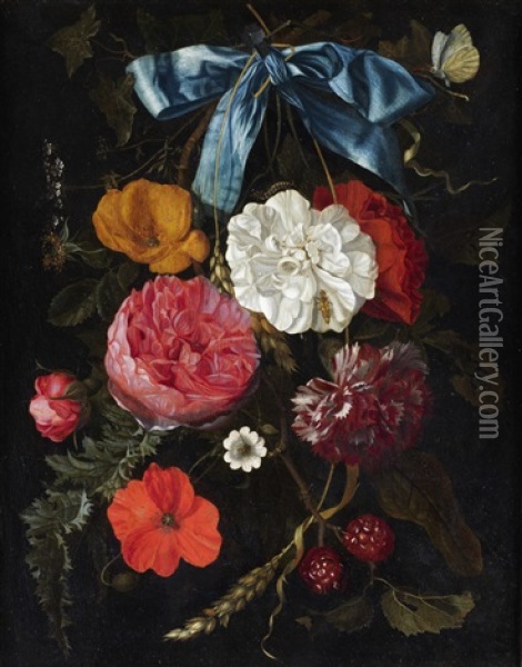 A Swag Of Roses, Poppies, Other Flowers And Berries Held By A Blue Ribbon Suspended From A Nail, With A Butterfly Oil Painting - Maria van Oosterwyck